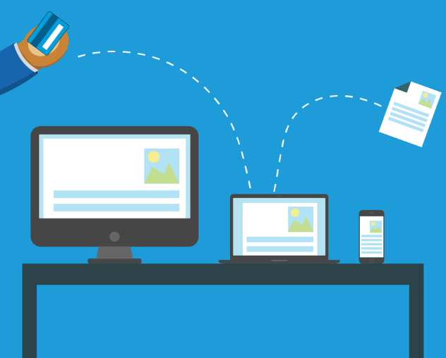 Illustration showing wireless printing using a computer, laptop, or phone.